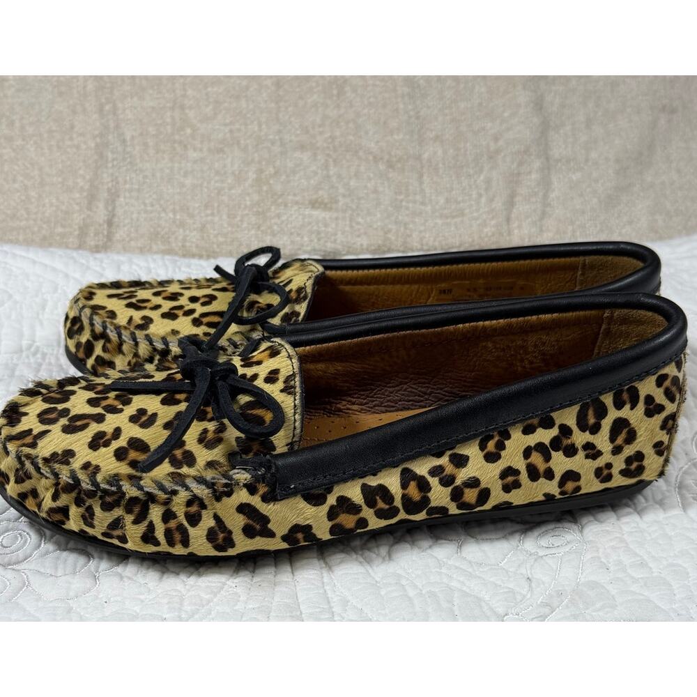 Minnetonka Womens 8.5 Brown Tan Leopard Cow Hair Leather Lined Loafer Shoes Flat - Picture 10 of 11